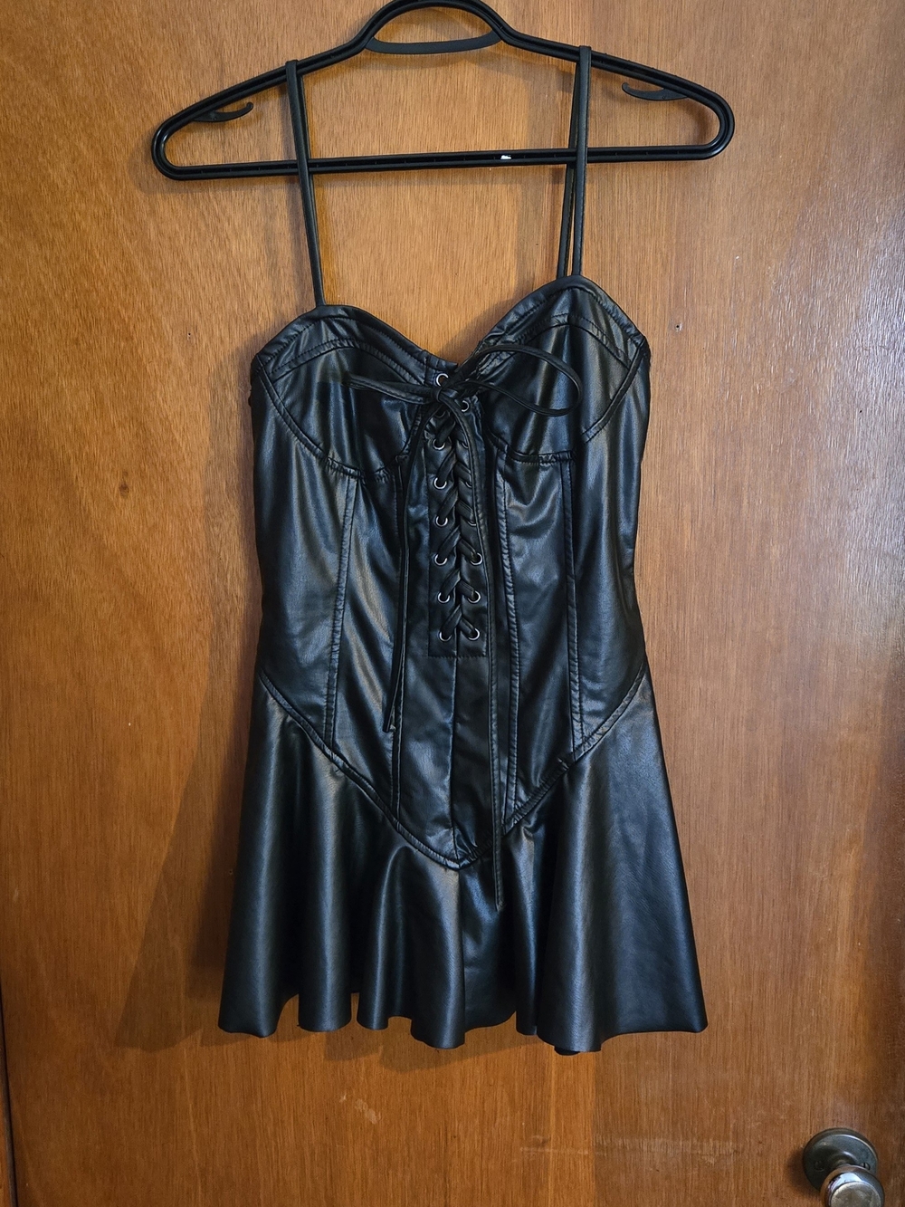 Black Faux Leather Lace-Up Mini Dress